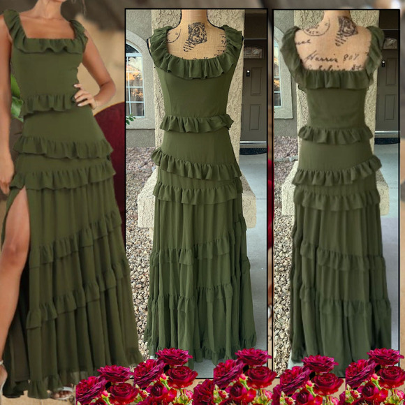 Lulus Olive Green Ruffled Tiered Compelling Romantic Maxi Dress Size S - Picture 1 of 10